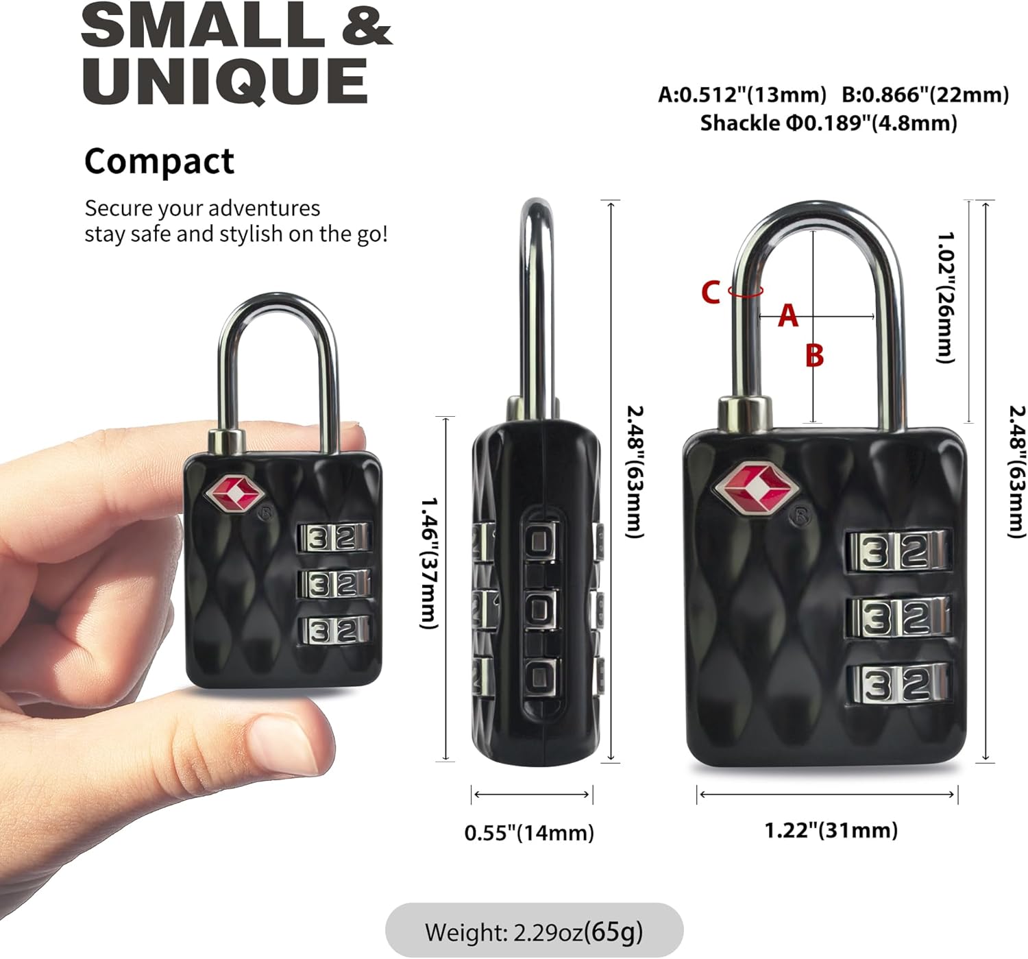 Durable TSA-Approved Combination Padlock for Travel - Resettable Compact Lock for Luggage, Suitcase, Gym Locker - Black+Gray Combo Lock