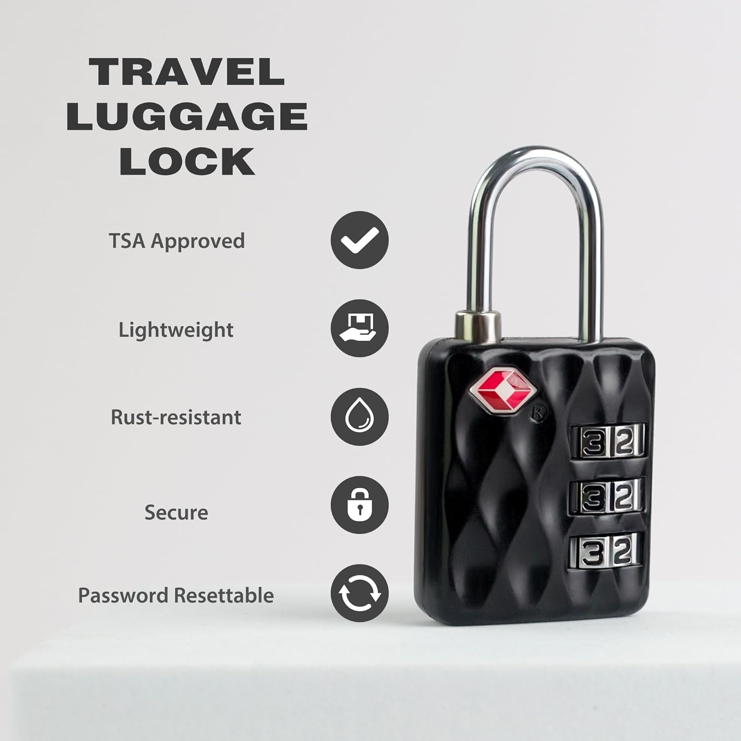Durable TSA-Approved Combination Padlock for Travel - Resettable Compact Lock for Luggage, Suitcase, Gym Locker - Black+Gray Combo Lock