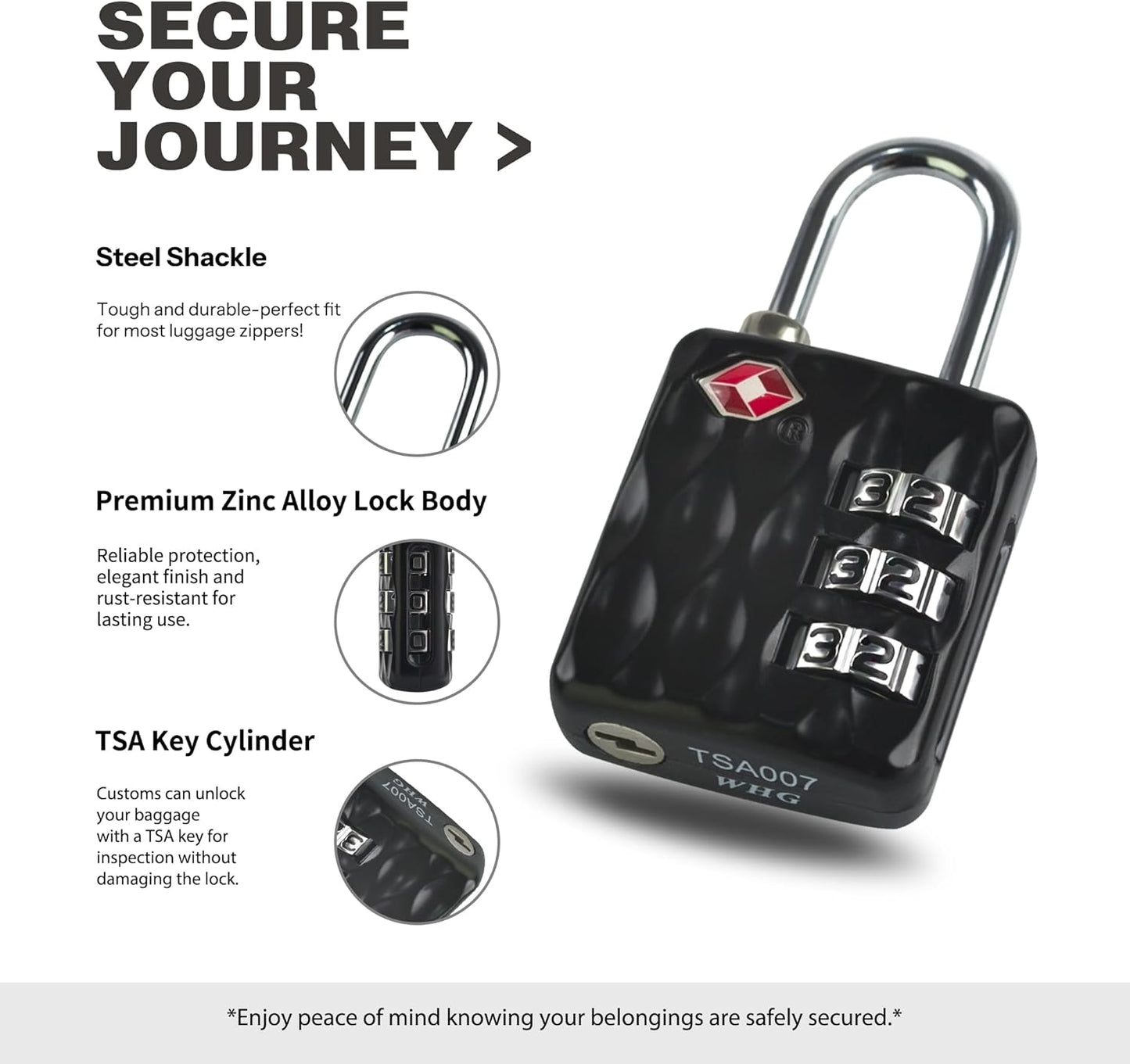 Durable TSA-Approved Combination Padlock for Travel - Resettable Compact Lock for Luggage, Suitcase, Gym Locker - Black+Gray Combo Lock