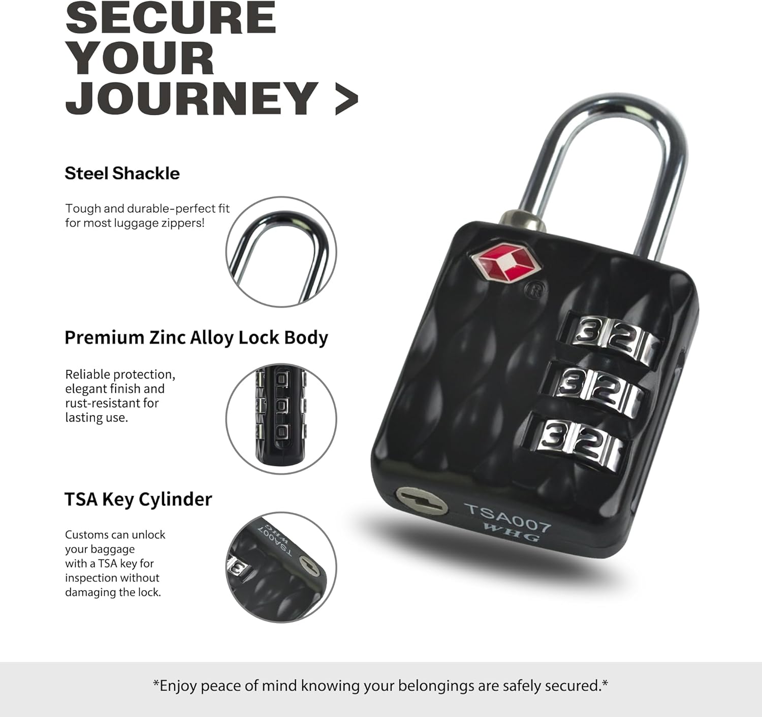 Durable TSA-Approved Combination Padlock for Travel - Resettable Compact Lock for Luggage, Suitcase, Gym Locker - Black+Gray Combo Lock