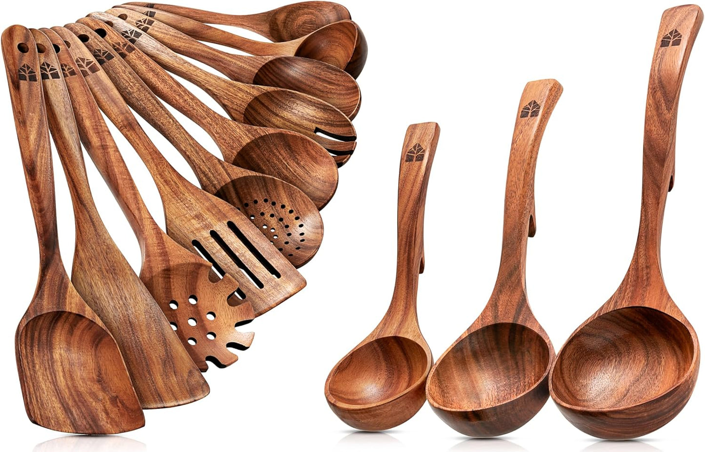 Durable Wooden Ladles & Spoons Set for Nonstick Cookware - Heat Resistant Utensils for Cooking, Serving, Stirring - High Quality Wood Utensil Set