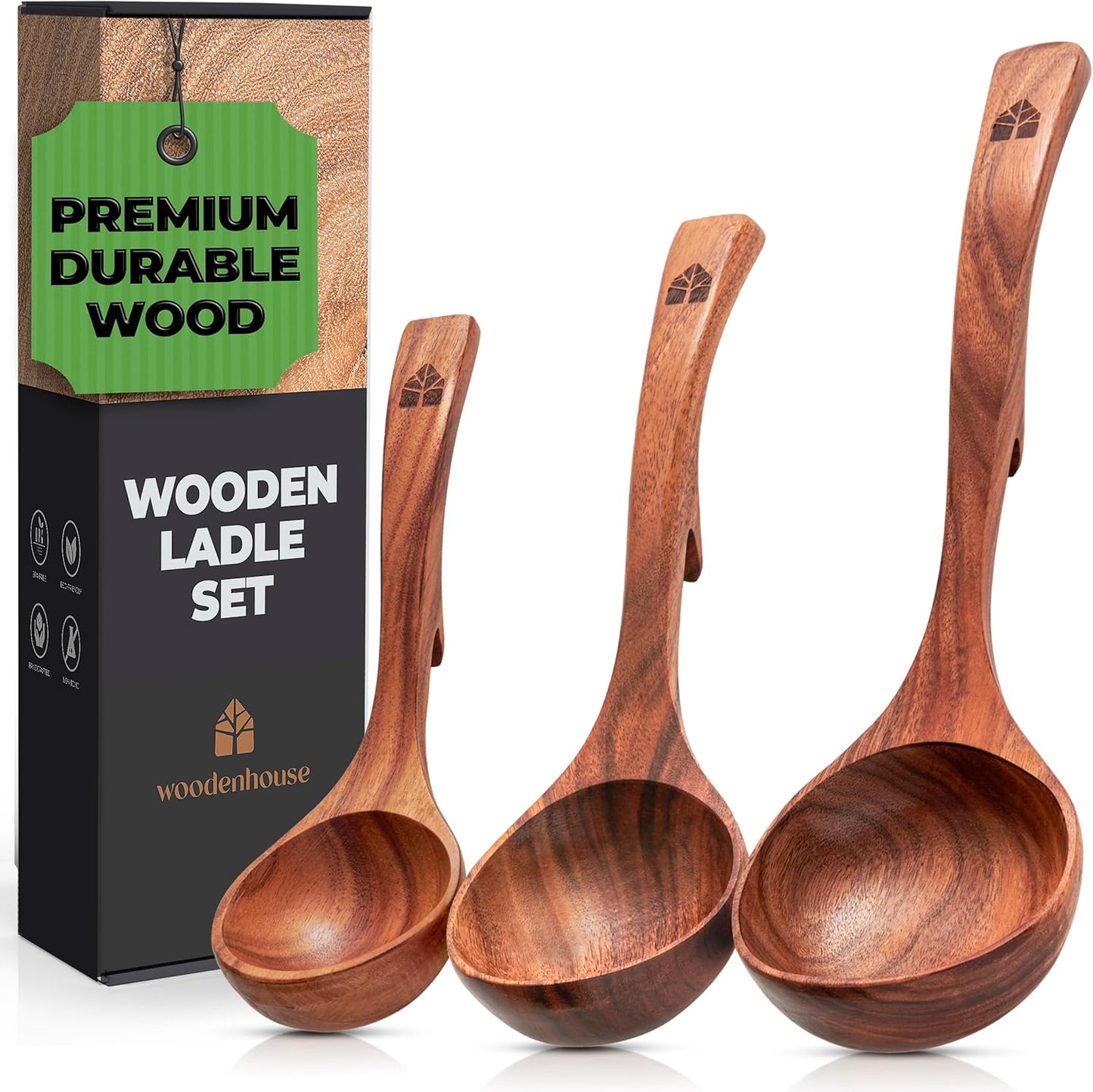 Durable Wooden Ladles & Spoons Set for Nonstick Cookware - Heat Resistant Utensils for Cooking, Serving, Stirring - High Quality Wood Utensil Set