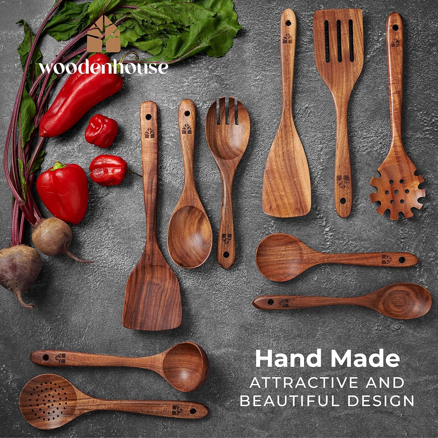 Durable Wooden Ladles & Spoons Set for Nonstick Cookware - Heat Resistant Utensils for Cooking, Serving, Stirring - High Quality Wood Utensil Set