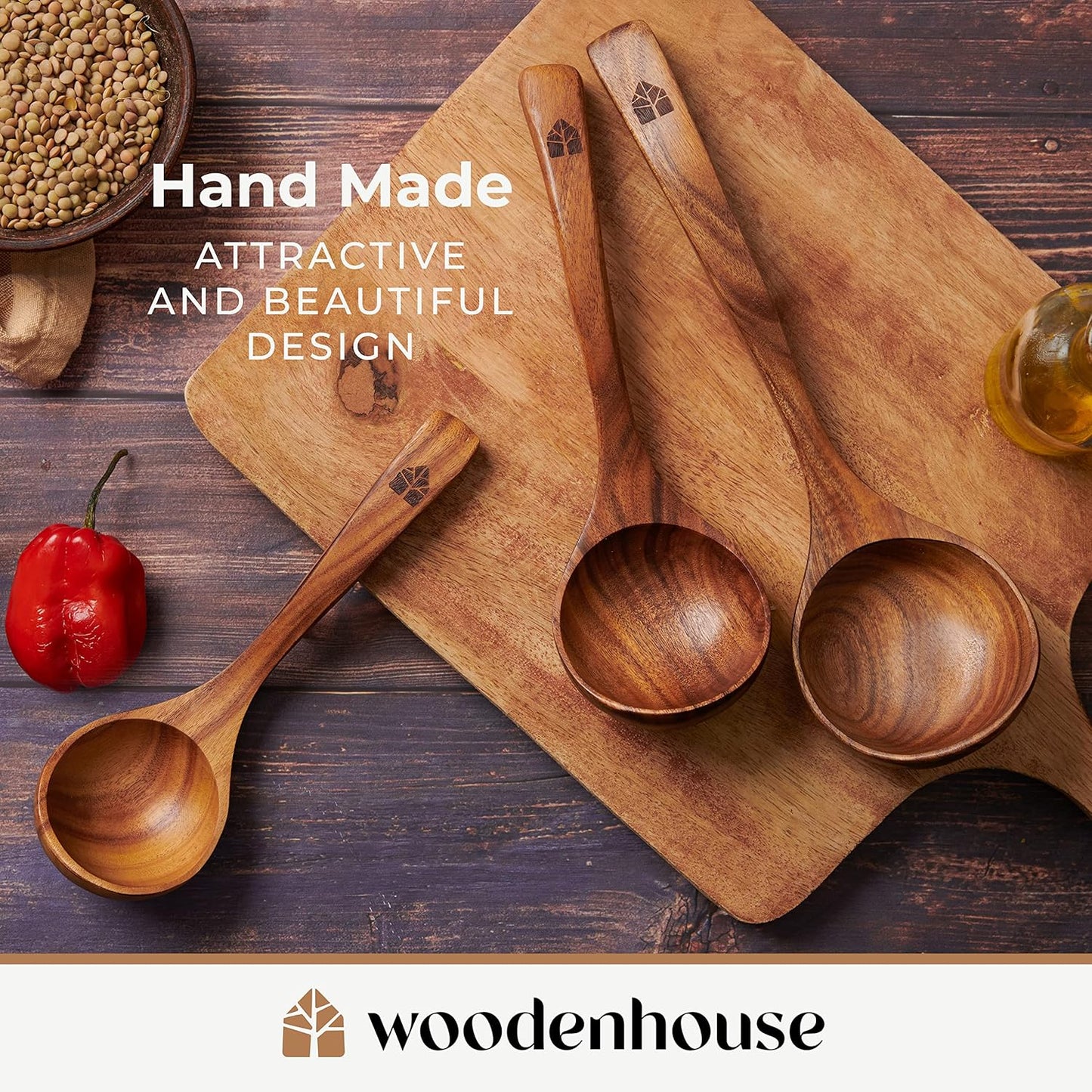 Durable Wooden Ladles & Spoons Set for Nonstick Cookware - Heat Resistant Utensils for Cooking, Serving, Stirring - High Quality Wood Utensil Set