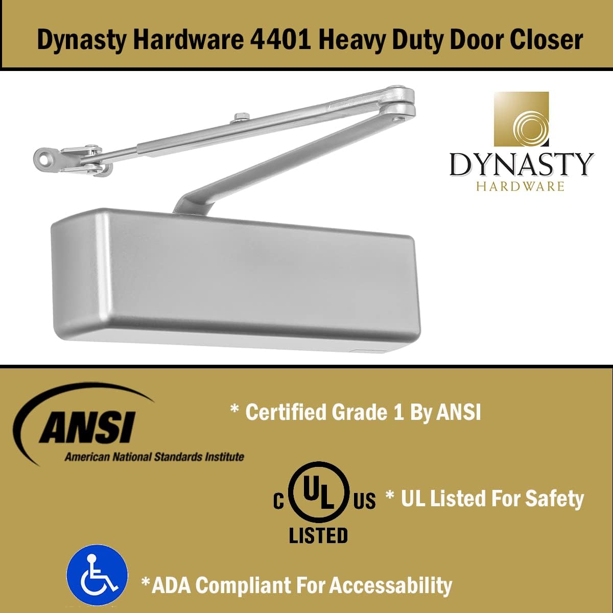 Dynasty Hardware Door Closer Heavy Duty Commercial Grade Hydraulic Adjustable Spring Door Closer Series 4401 Meets ADA Sprayed Aluminum Finish - WildKart