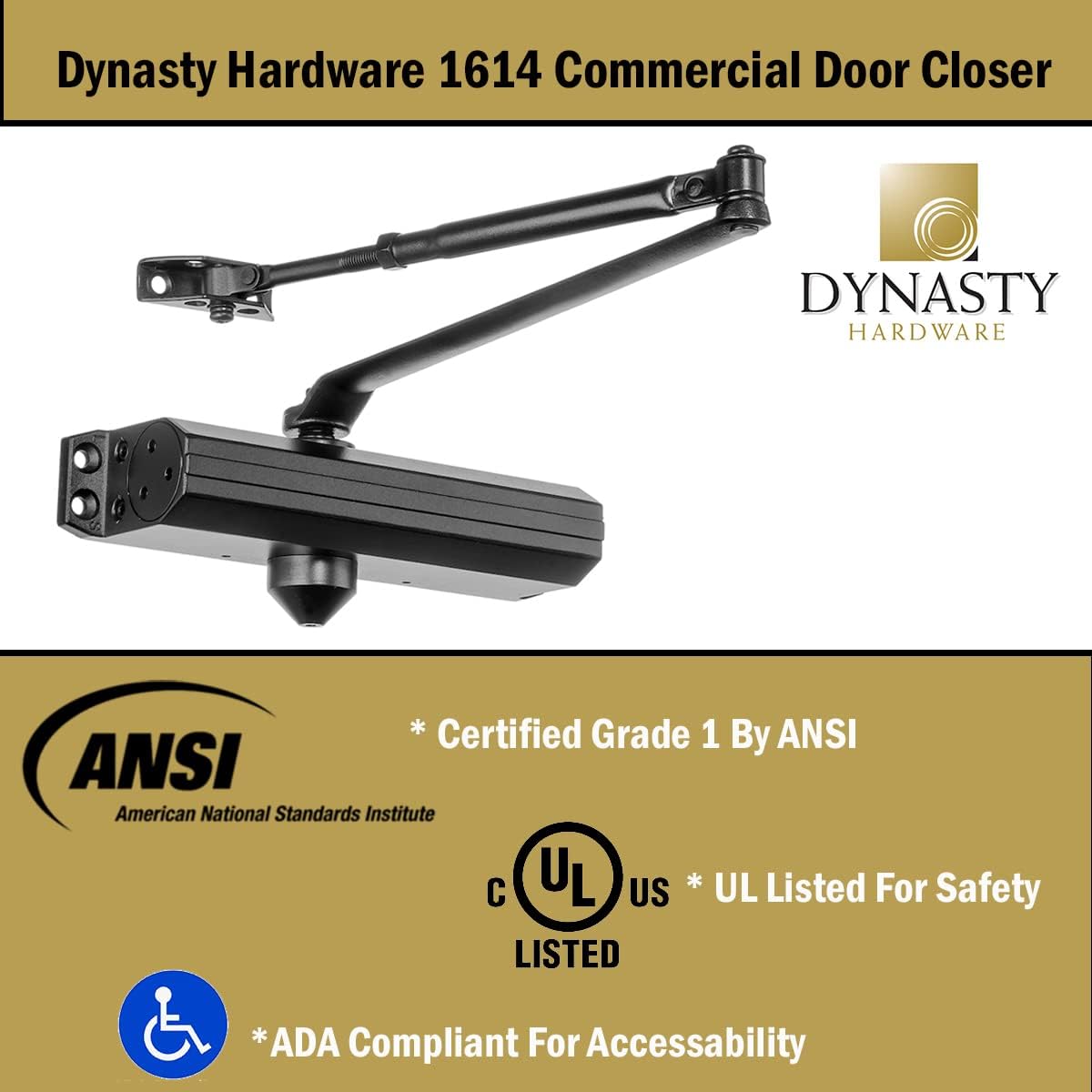 Dynasty Hardware Series 1614 Dark Bronze Door Closer - Adjustable Spring Size 1-4, Hydraulic Automatic, ADA Compliant