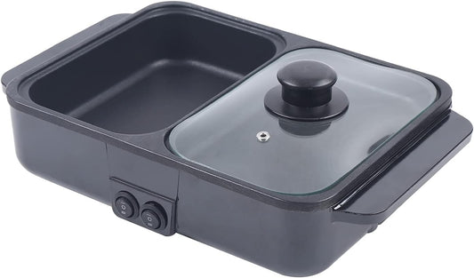 DYRABREST 2 in 1 Electric Grill Hot Pot, Indoor Non-Stick Frying Pan, Dual Temperature Control for BBQ, Steaks, Shabu Shabu - Black