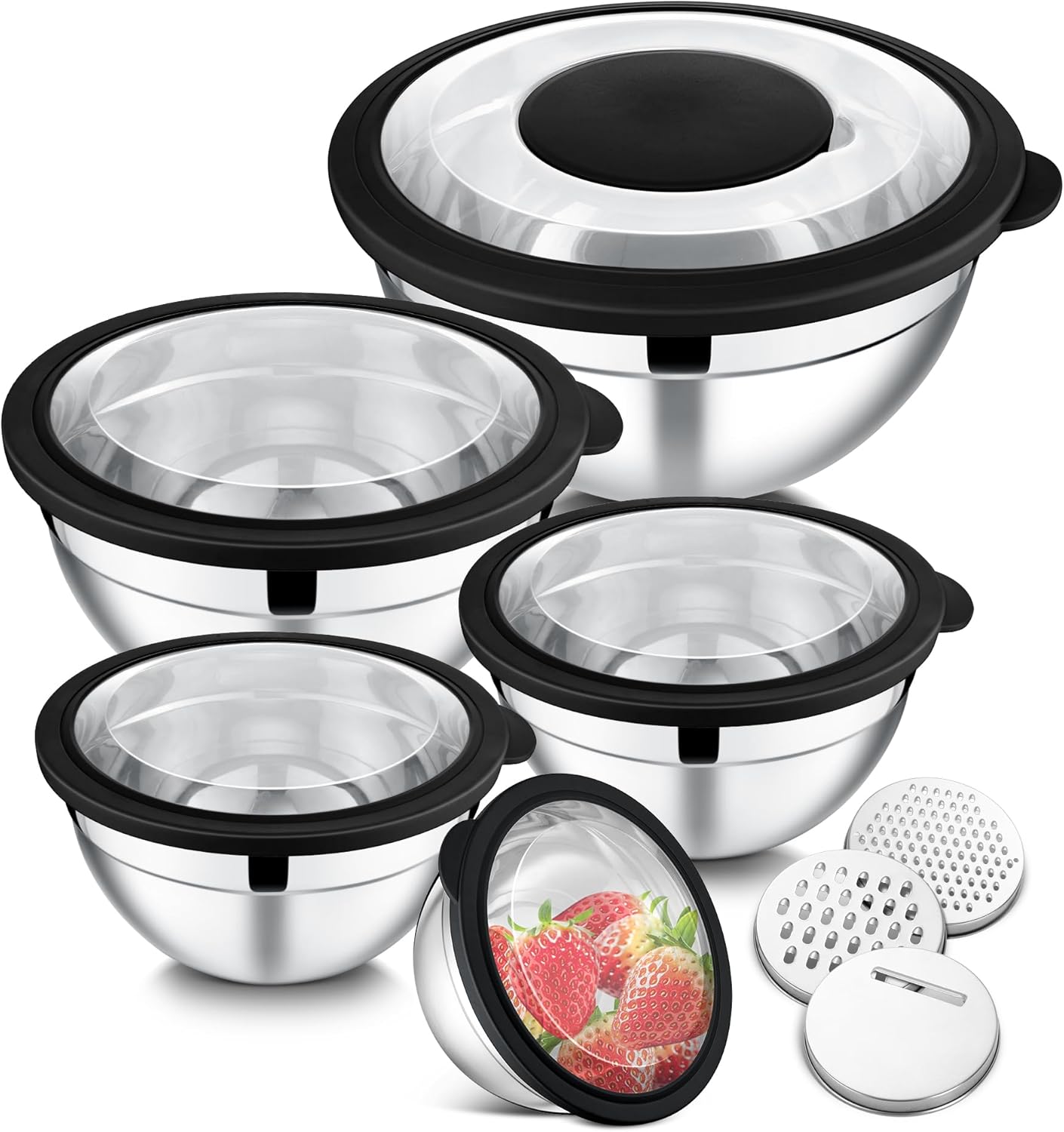 E-far 5-Piece Stainless Steel Mixing Bowl Set with Lids, 3 Graters - Black
