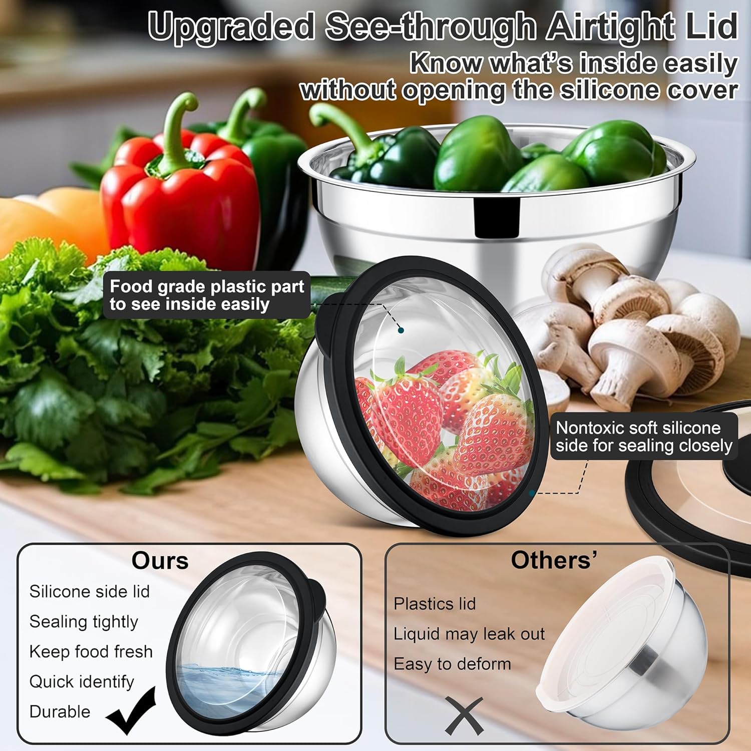 E-far 5-Piece Stainless Steel Mixing Bowl Set with Lids, 3 Graters - Black