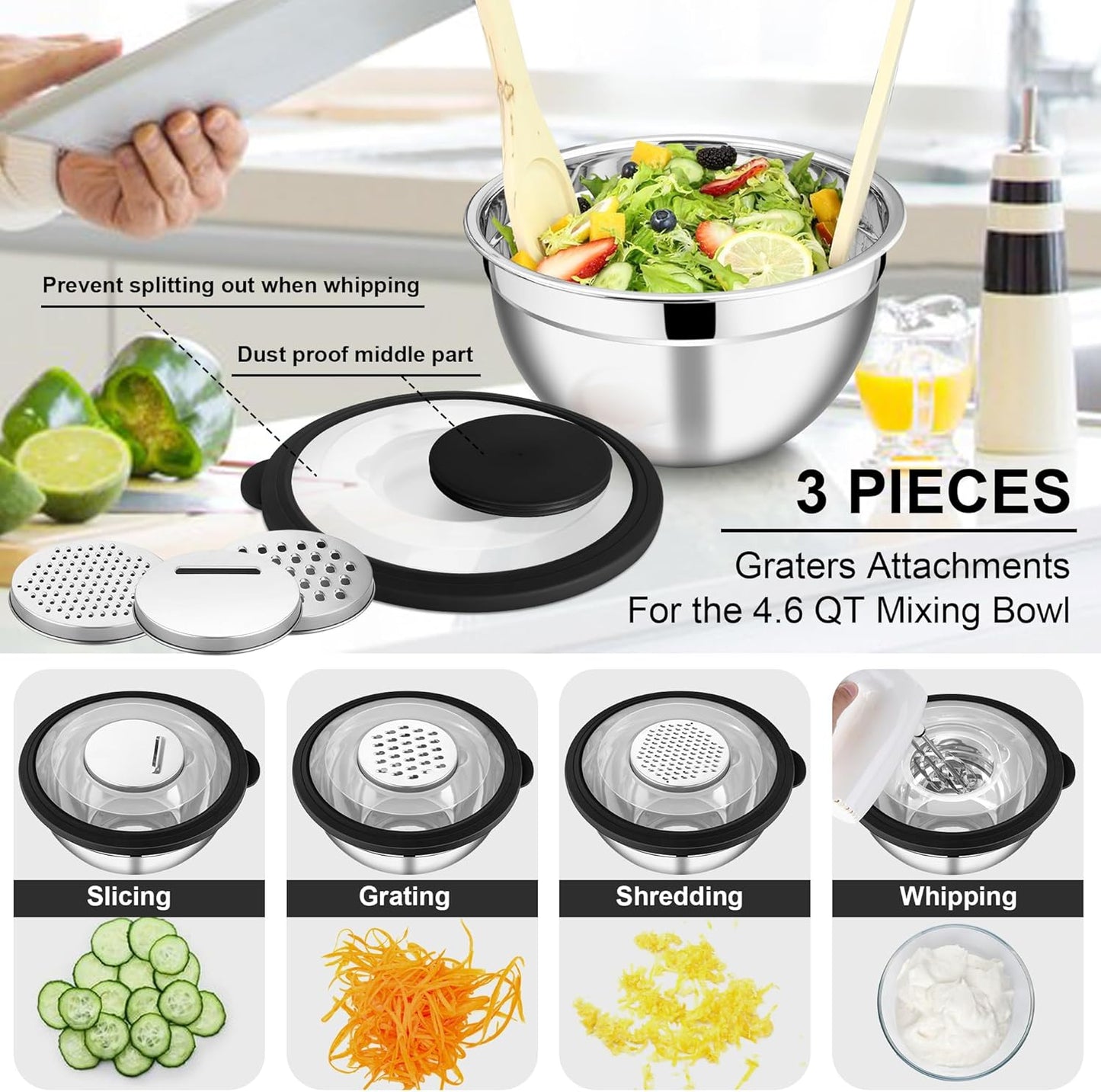 E-far 5-Piece Stainless Steel Mixing Bowl Set with Lids, 3 Graters - Black
