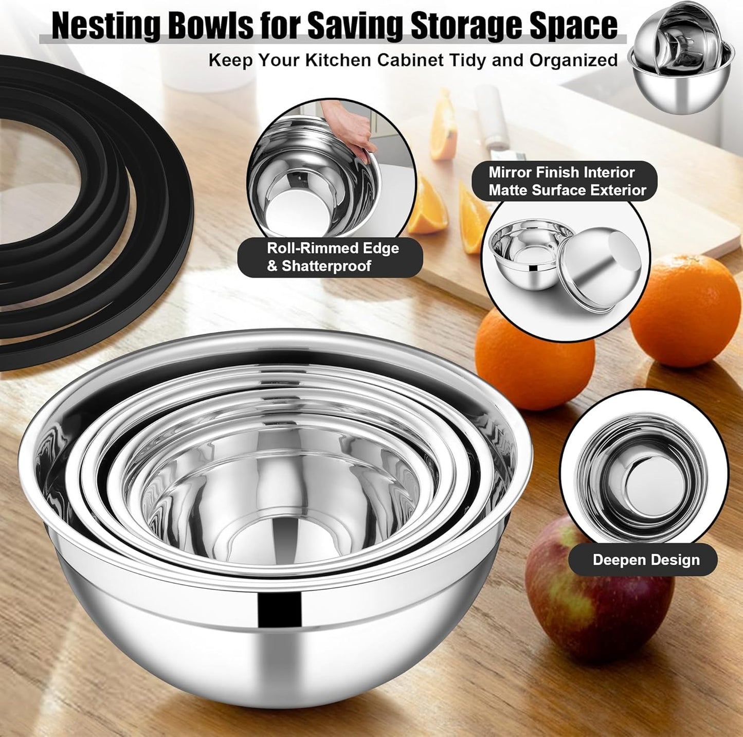 E-far 5-Piece Stainless Steel Mixing Bowl Set with Lids, 3 Graters - Black