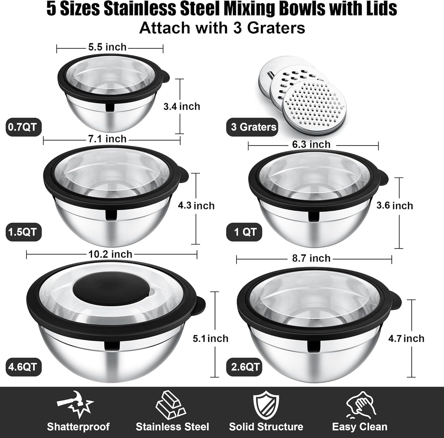 E-far 5-Piece Stainless Steel Mixing Bowl Set with Lids, 3 Graters - Black