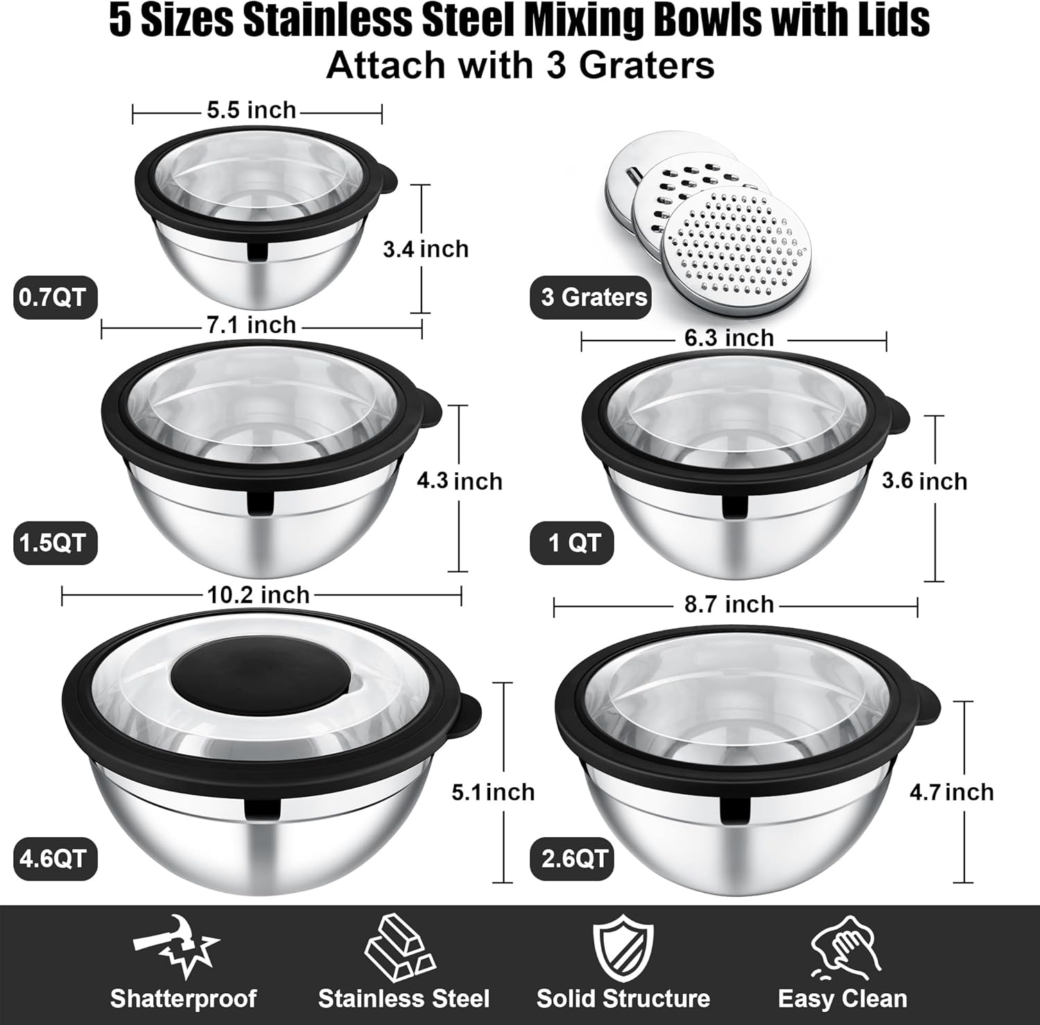 E-far 5-Piece Stainless Steel Mixing Bowl Set with Lids, 3 Graters - Black