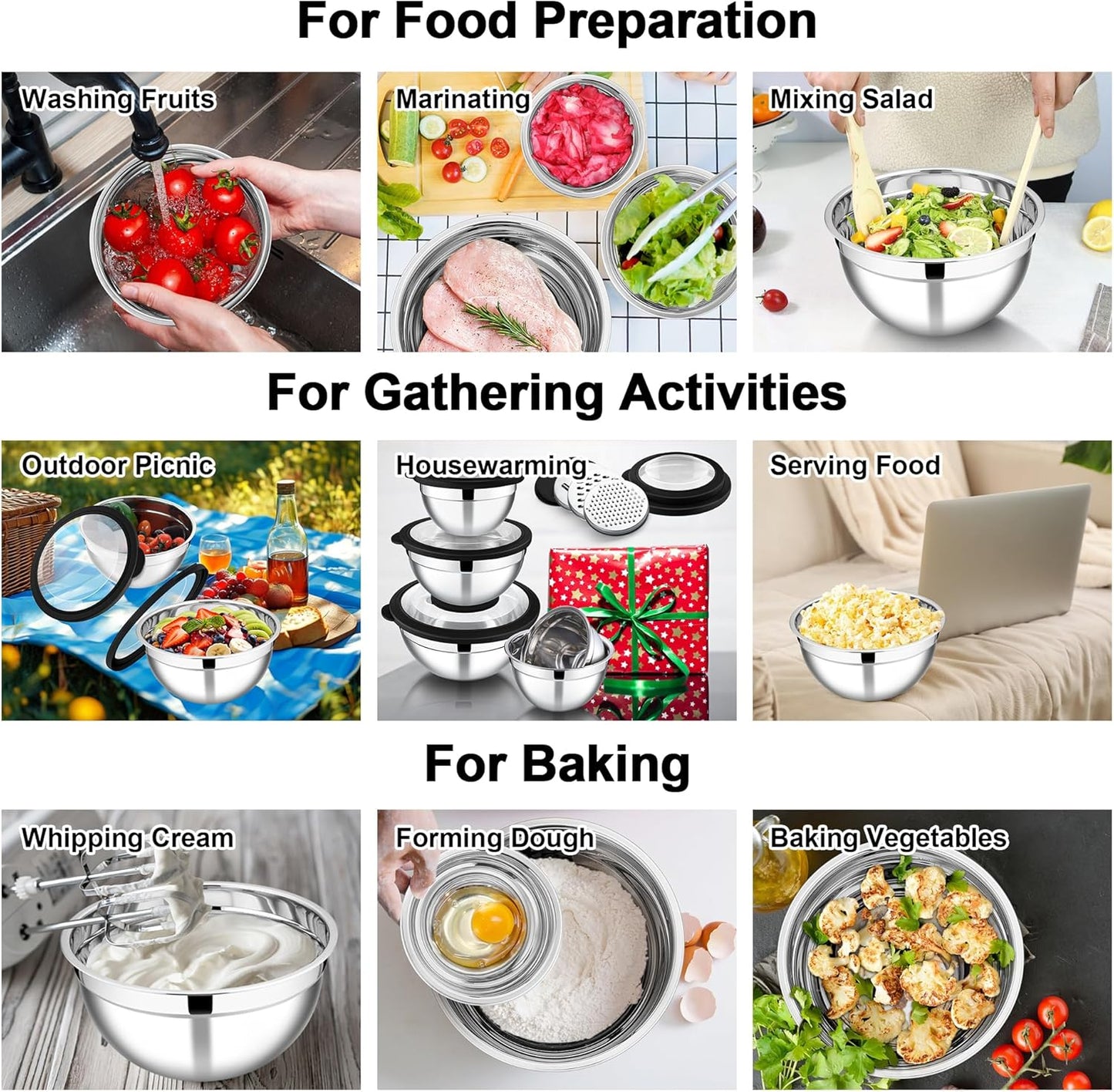 E-far 5-Piece Stainless Steel Mixing Bowl Set with Lids, 3 Graters - Black