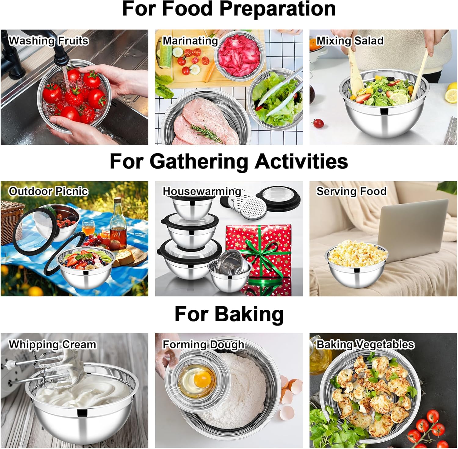 E-far 5-Piece Stainless Steel Mixing Bowl Set with Lids, 3 Graters - Black