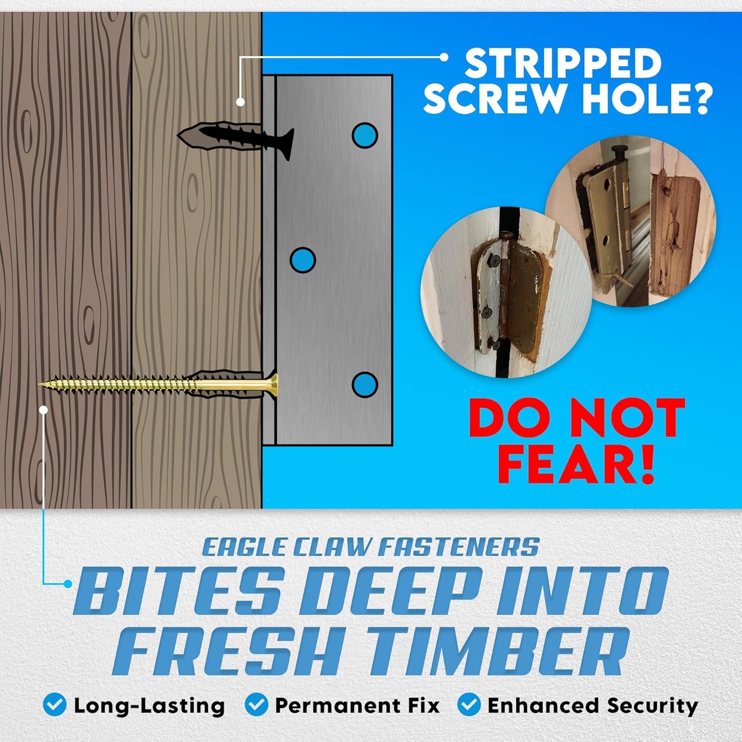 Eagle Claw Fasteners DIY Stripped Screw Hole Repair Kit - No Pre-Drilling or Glue Needed