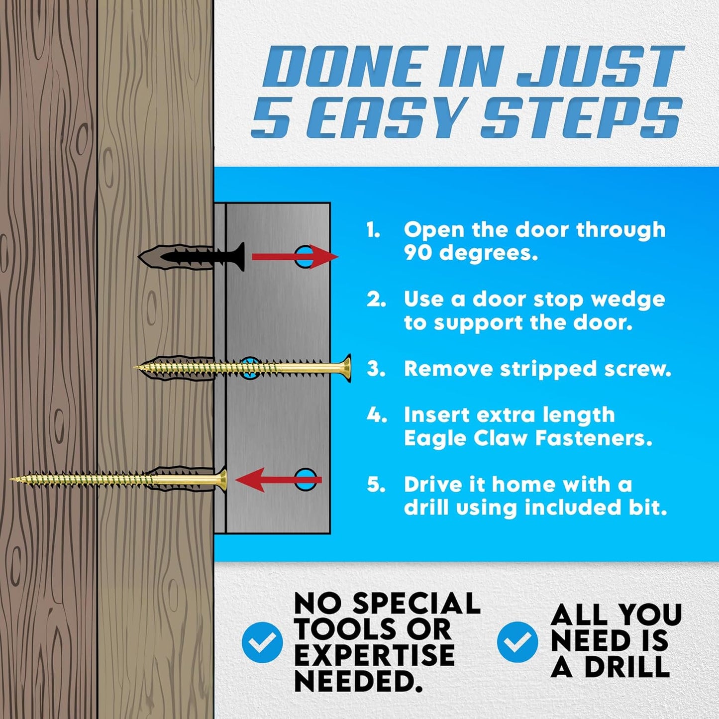 Eagle Claw Fasteners DIY Stripped Screw Hole Repair Kit - No Pre-Drilling or Glue Needed