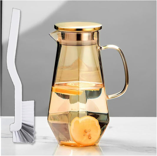 Ecentaur 1.7L Glass Pitcher with Lid, Spout, and Handle - Perfect for Hot/Cold Water, Tea, and Beverages - Elegant Gold Design