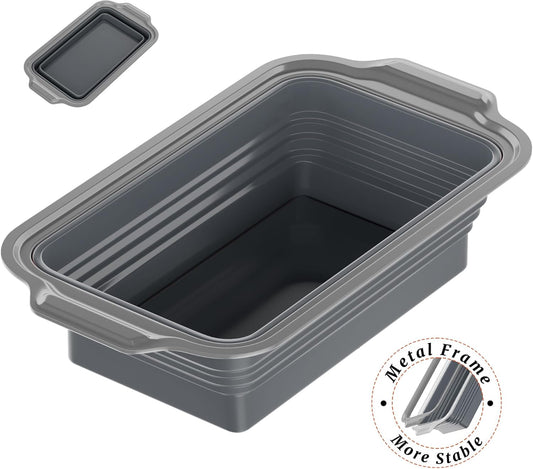 EDENCOMERS Nonstick Silicone Bread Loaf Pan with Metal Rim - Foldable Baking Mold for Homemade Bread, Meatloaf - 9"x5"x2.5", Grey