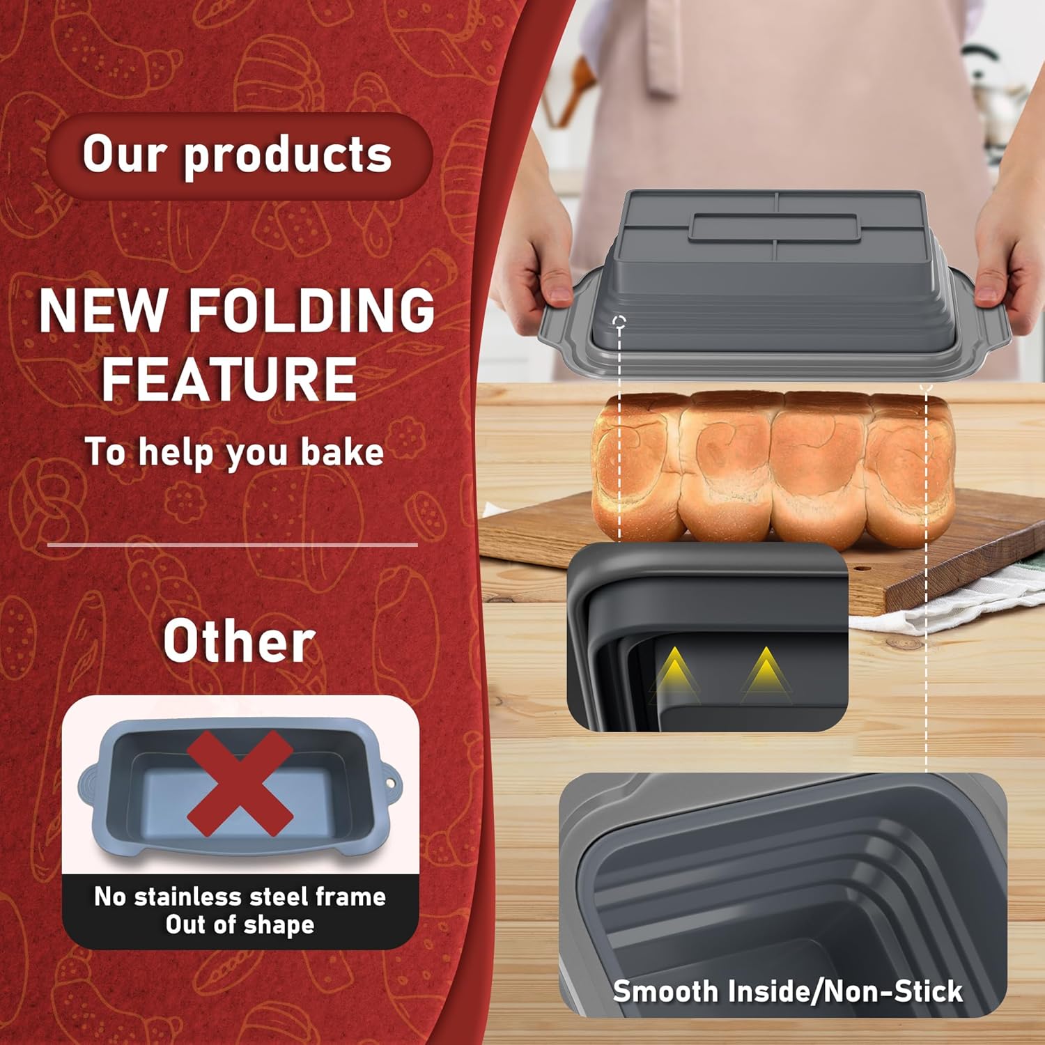 EDENCOMERS Nonstick Silicone Bread Loaf Pan with Metal Rim - Foldable Baking Mold for Homemade Bread, Meatloaf - 9"x5"x2.5", Grey