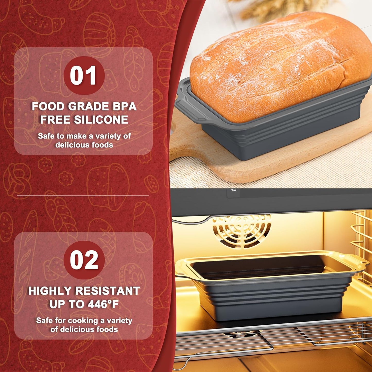 EDENCOMERS Nonstick Silicone Bread Loaf Pan with Metal Rim - Foldable Baking Mold for Homemade Bread, Meatloaf - 9"x5"x2.5", Grey