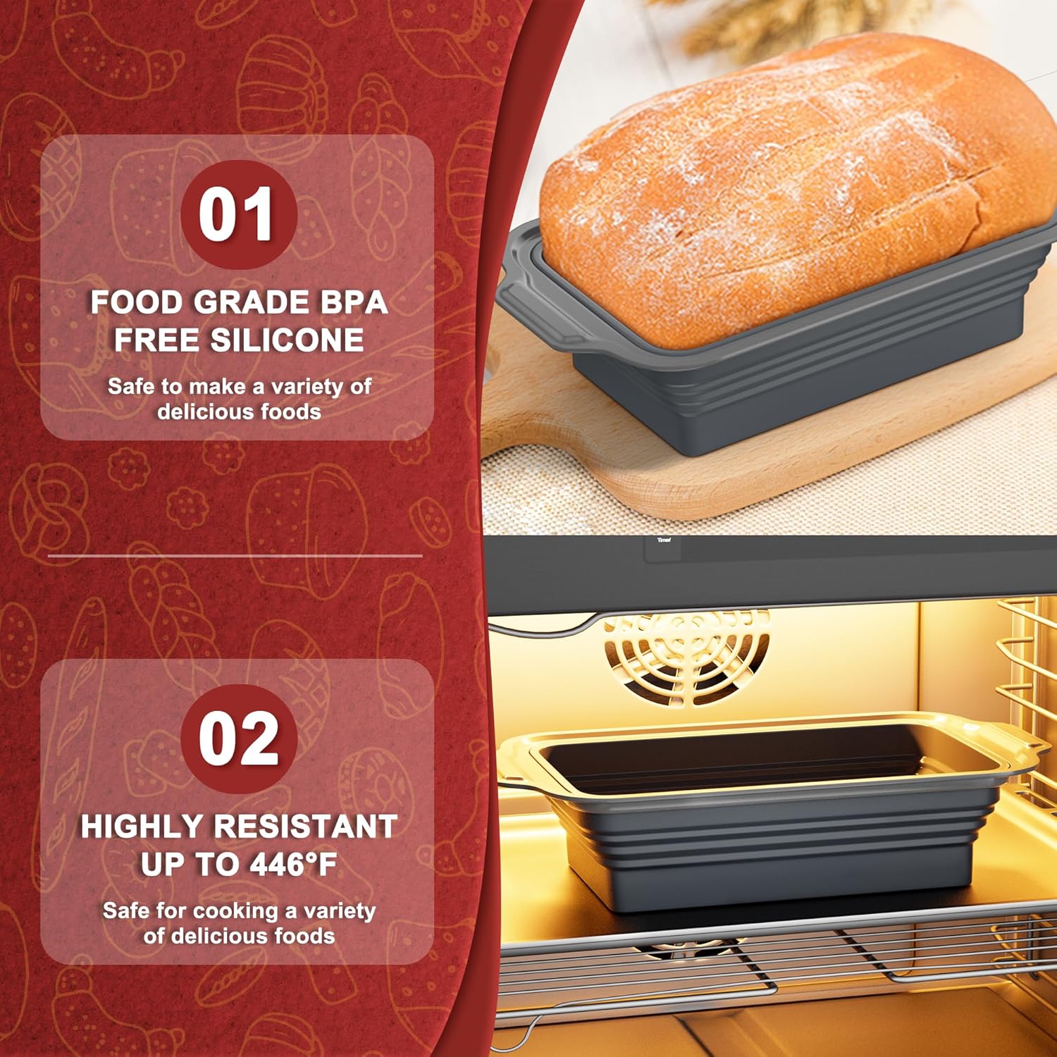 EDENCOMERS Nonstick Silicone Bread Loaf Pan with Metal Rim - Foldable Baking Mold for Homemade Bread, Meatloaf - 9"x5"x2.5", Grey