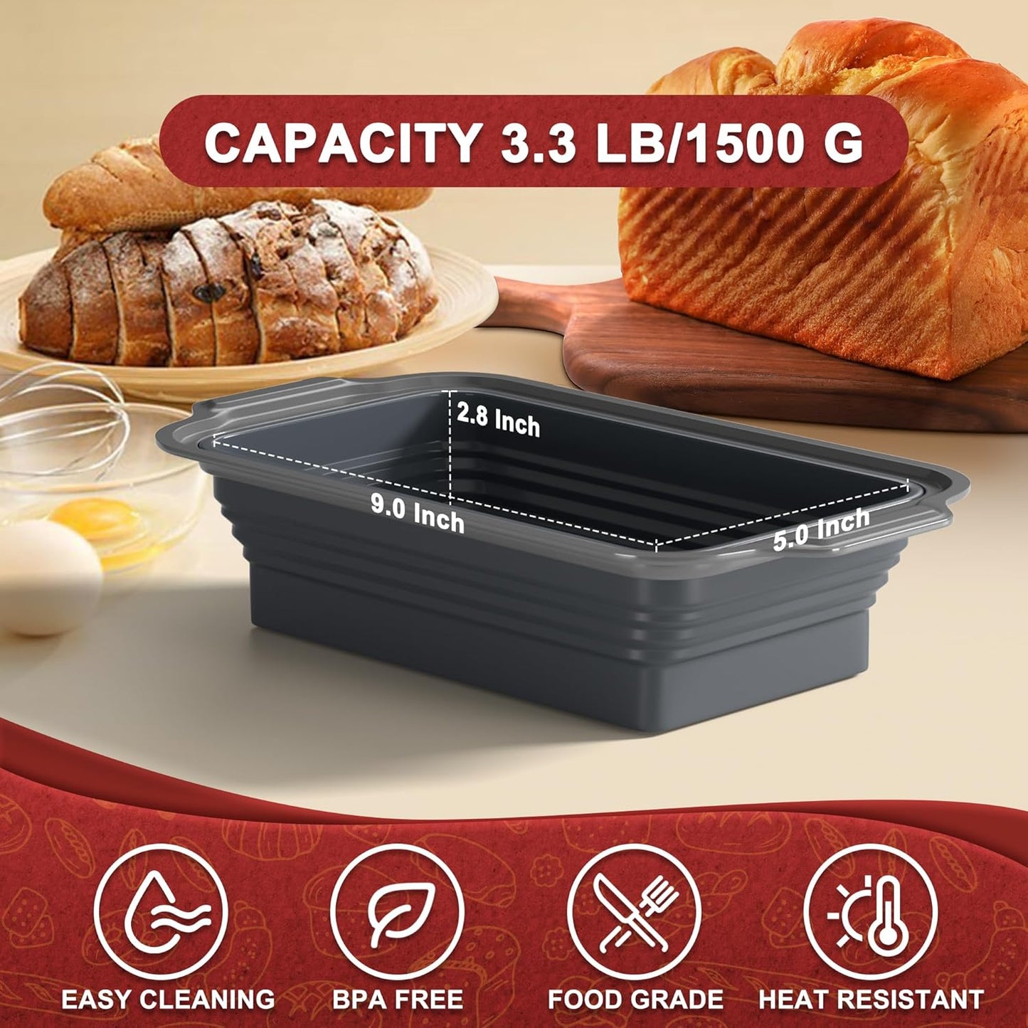 EDENCOMERS Nonstick Silicone Bread Loaf Pan with Metal Rim - Foldable Baking Mold for Homemade Bread, Meatloaf - 9"x5"x2.5", Grey