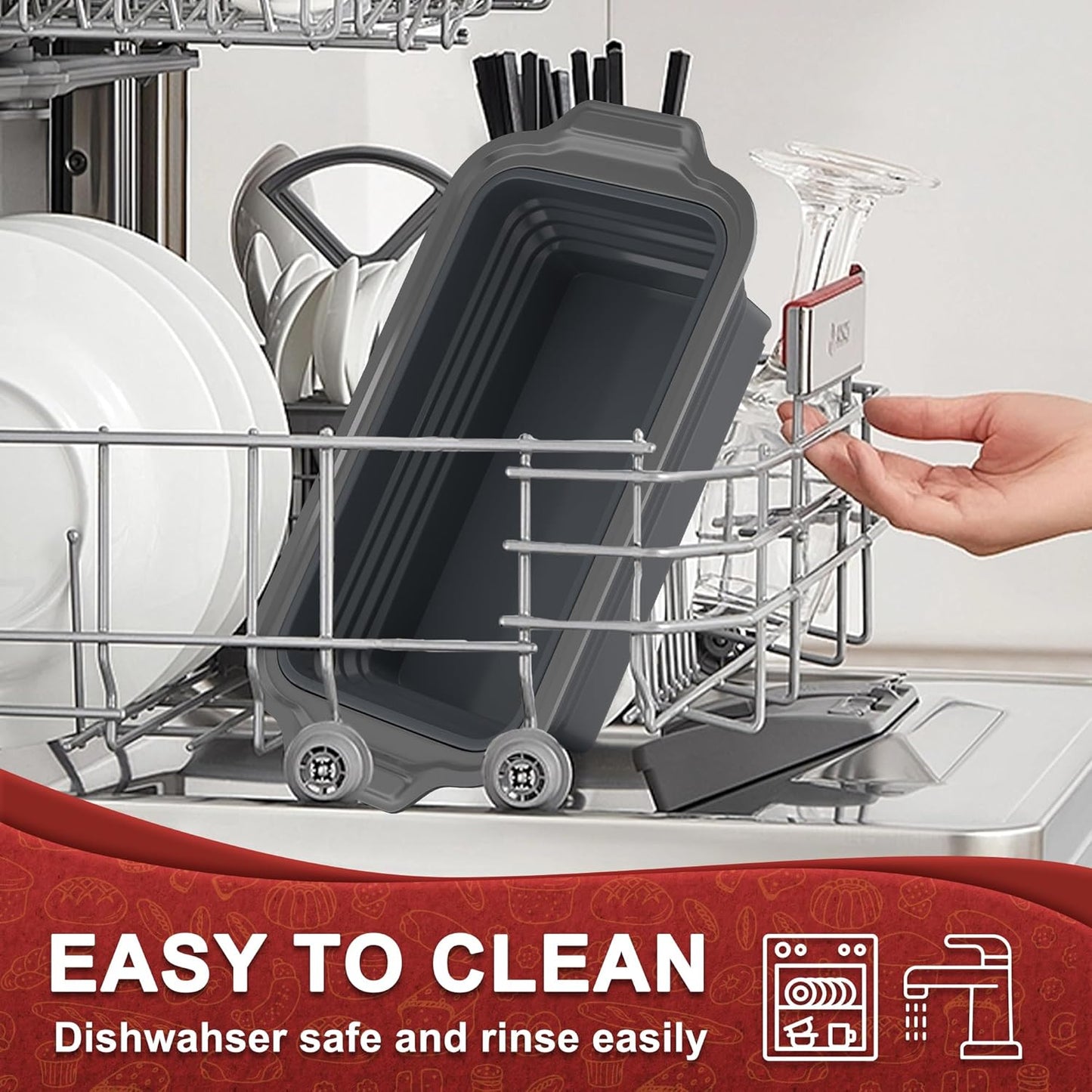 EDENCOMERS Nonstick Silicone Bread Loaf Pan with Metal Rim - Foldable Baking Mold for Homemade Bread, Meatloaf - 9"x5"x2.5", Grey