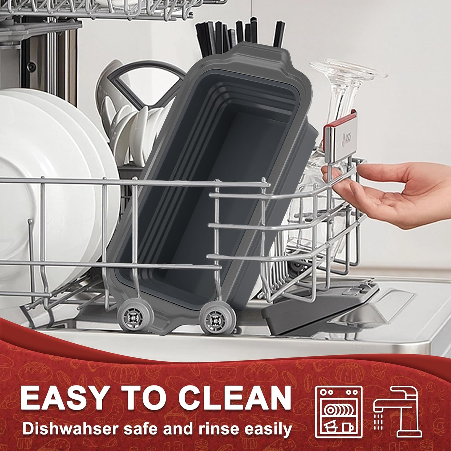 EDENCOMERS Nonstick Silicone Bread Loaf Pan with Metal Rim - Foldable Baking Mold for Homemade Bread, Meatloaf - 9"x5"x2.5", Grey