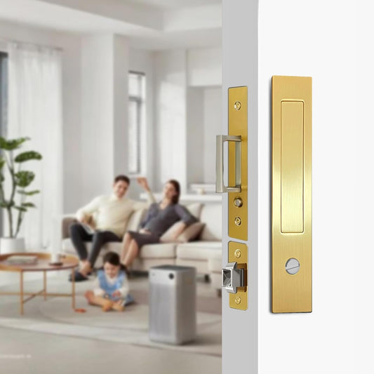 Eegoowa Pocket Door Locks, Edge pulls, Hidden Handles, Pocket Door Hardware, Sliding Door Locks, Sliding Door Hardware, for Doors 1 3/8" to 2 2/8" Thick (Golden, Privacy Type)