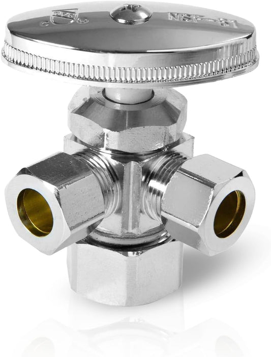 EFIELD Dual Compression Outlet Angle Stop Valve, 1/2" NOM x 5/8" OD, 3/8" x 3/8", Chrome Plated