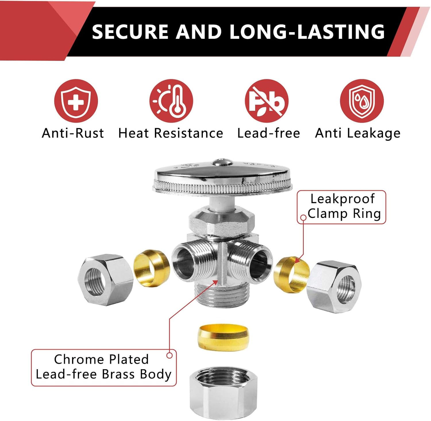 EFIELD Dual Compression Outlet Angle Stop Valve, 1/2" NOM x 5/8" OD, 3/8" x 3/8", Chrome Plated