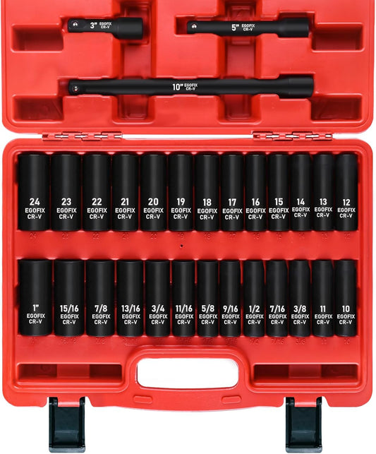 EGOFIX 29-Piece 1/2" Drive Deep Impact Socket Set with Extension Bars - SAE & Metric 6 Point - Cr-V Steel