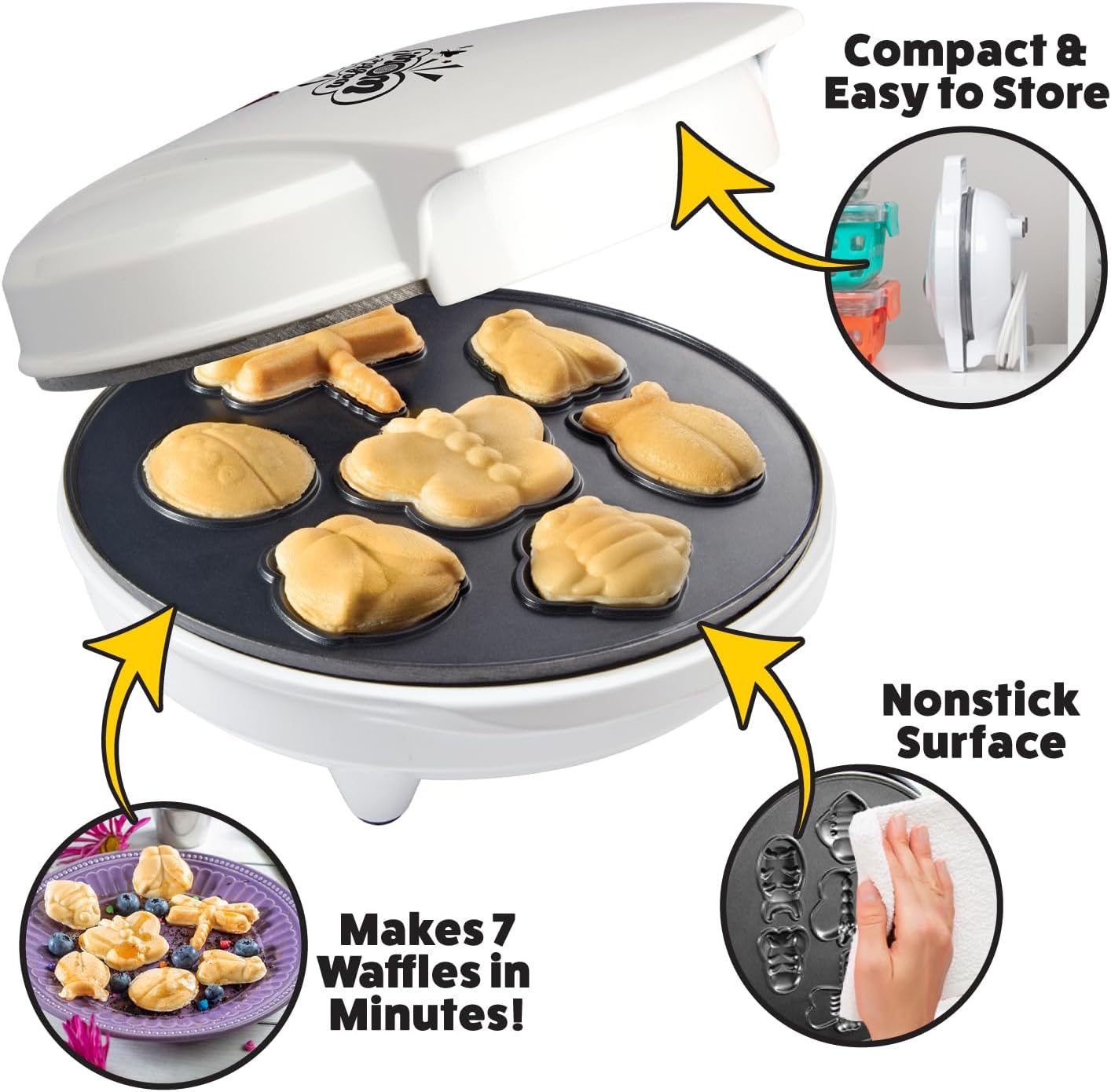 Electric Bug Waffle Maker - Make 7 Insect Shaped Pancakes - Nonstick Waffler Iron for Kids - Beetle, Ladybug, Bee & More - Fun Breakfast Treat