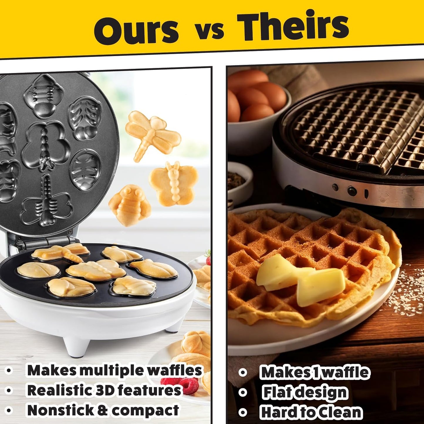 Electric Bug Waffle Maker - Make 7 Insect Shaped Pancakes - Nonstick Waffler Iron for Kids - Beetle, Ladybug, Bee & More - Fun Breakfast Treat