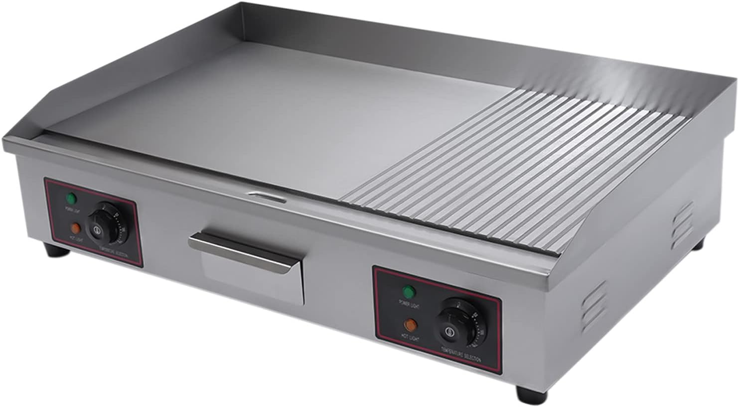 Electric Commercial Griddle with Non-Stick Flat Top, Large Grill, Hot Plate, Stainless Steel Temp-Setting, and Drawer - 3000W Power