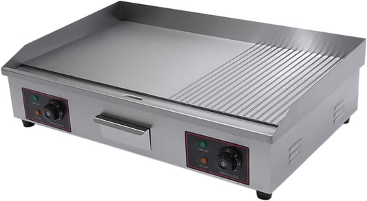 Electric Commercial Griddle with Non-Stick Flat Top, Large Grill, Hot Plate, Stainless Steel Temp-Setting, and Drawer - 3000W Power