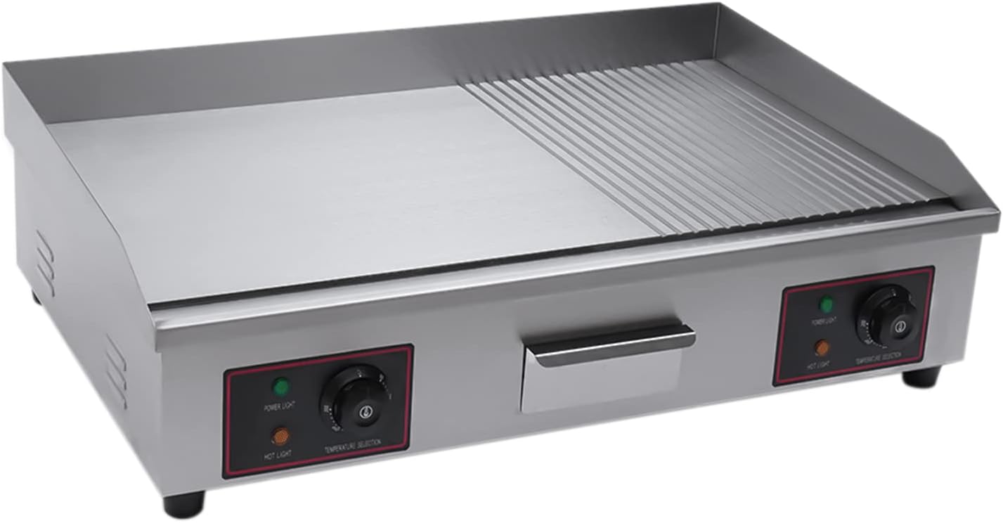Electric Commercial Griddle with Non-Stick Flat Top, Large Grill, Hot Plate, Stainless Steel Temp-Setting, and Drawer - 3000W Power