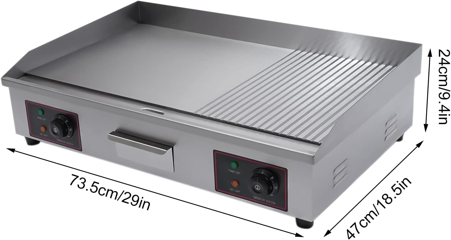 Electric Commercial Griddle with Non-Stick Flat Top, Large Grill, Hot Plate, Stainless Steel Temp-Setting, and Drawer - 3000W Power