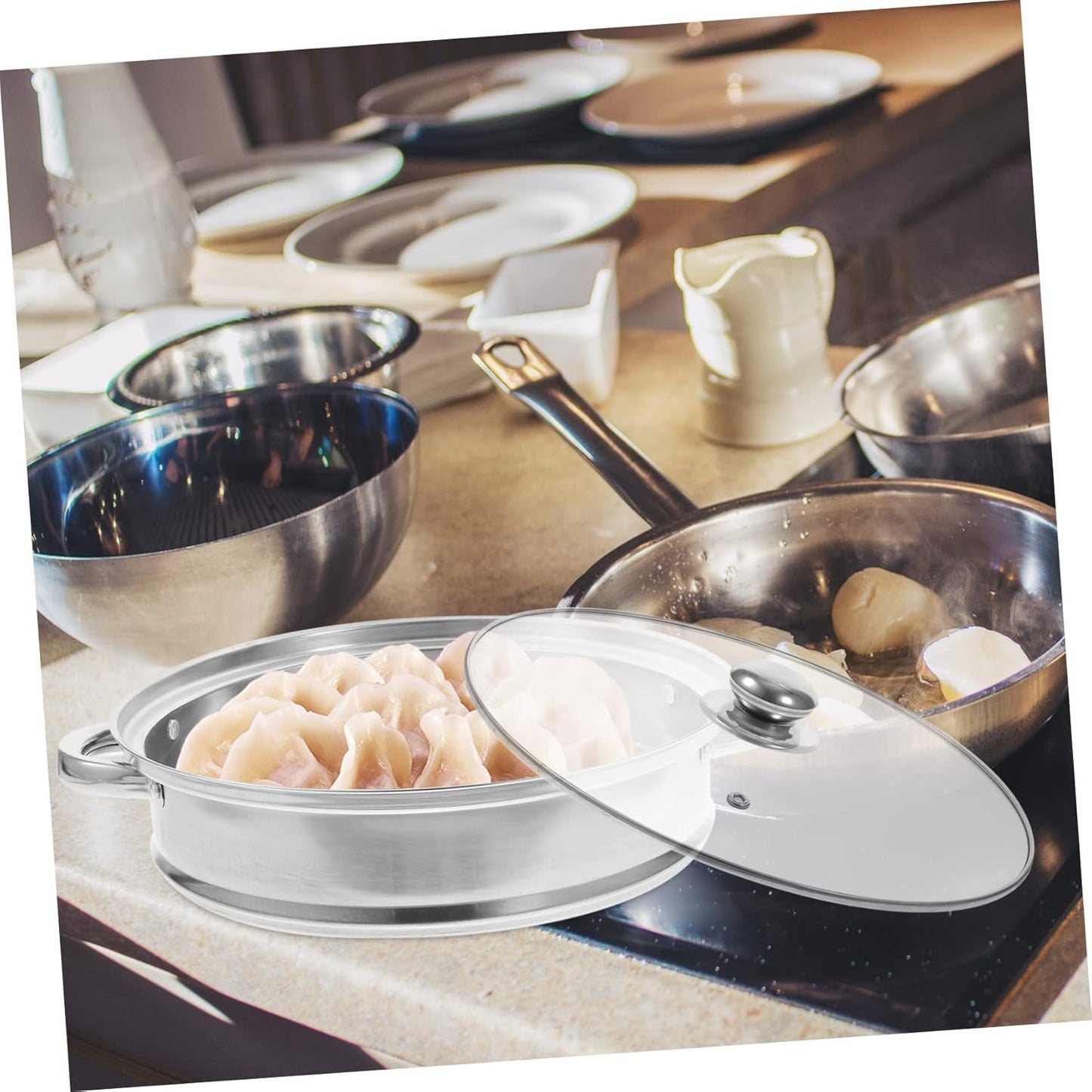 Electric Cookware Set with Amphora Making Tin Kettles and Steam Insert Pot Rack - Kitchen Griddle, Steamer, and Oven Pot with Lid - Cooking Stockpots and Glass Silver Hob