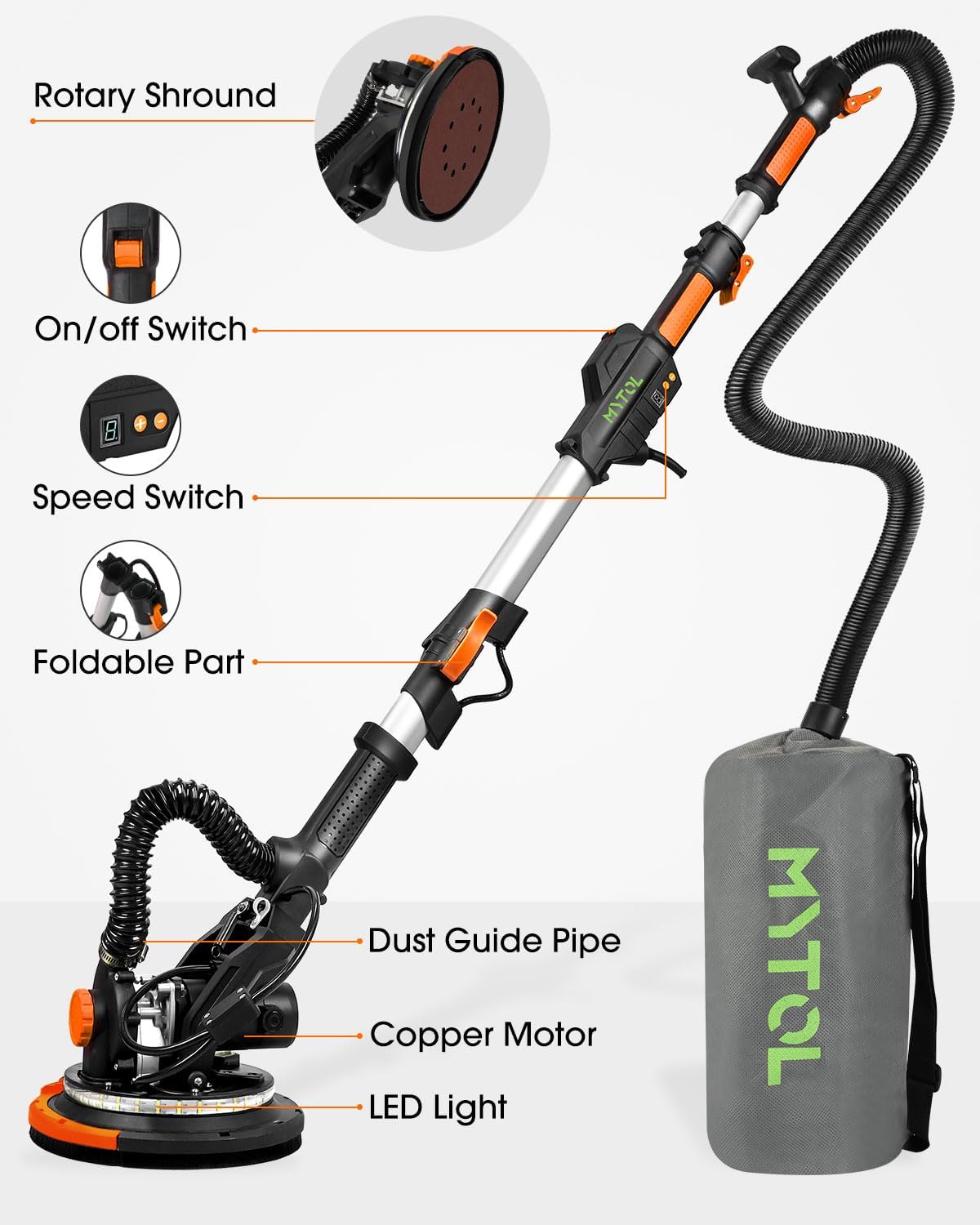 Electric Drywall Sander with Vacuum Dust Collection, Variable Speed, LED Light, Foldable Handle, Sanding Discs & Grids by MYTOL