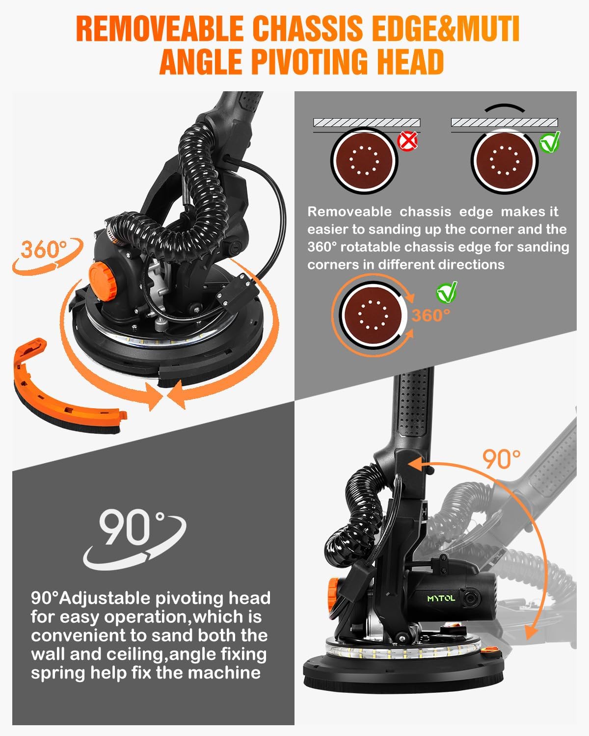 Electric Drywall Sander with Vacuum Dust Collection, Variable Speed, LED Light, Foldable Handle, Sanding Discs & Grids by MYTOL