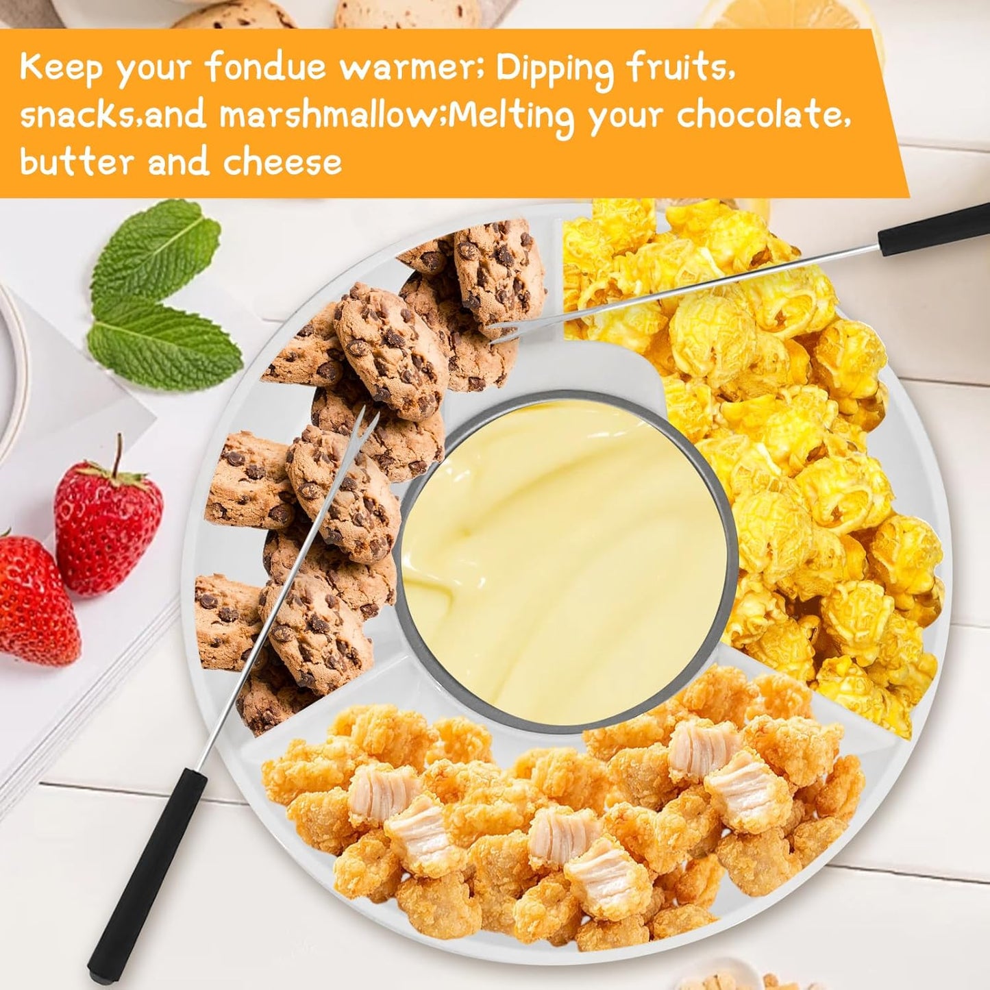 Electric Fondue Pot Set for Chocolate and Cheese with Dipping Forks, Temperature Control, 9-ounce Bowl - Ideal for Chocolate and Cheese Melts