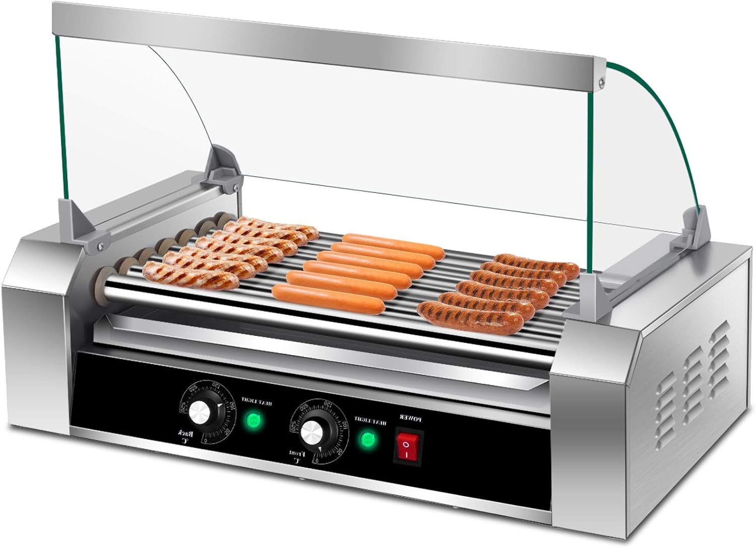 Electric Hot Dog Roller Machine with Glass Hood Cover - Commercial Grade Sausage Grill Cooker for 18 Hot Dogs, Removable Stainless Steel Drip Tray, Non-Stick Surface - Perfect for Household or Business Use