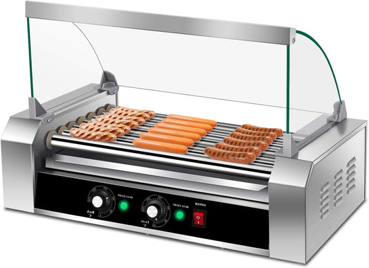 Electric Hot Dog Roller Machine with Glass Hood Cover - Commercial Grade Sausage Grill Cooker for 18 Hot Dogs, Removable Stainless Steel Drip Tray, Non-Stick Surface - Perfect for Household or Business Use
