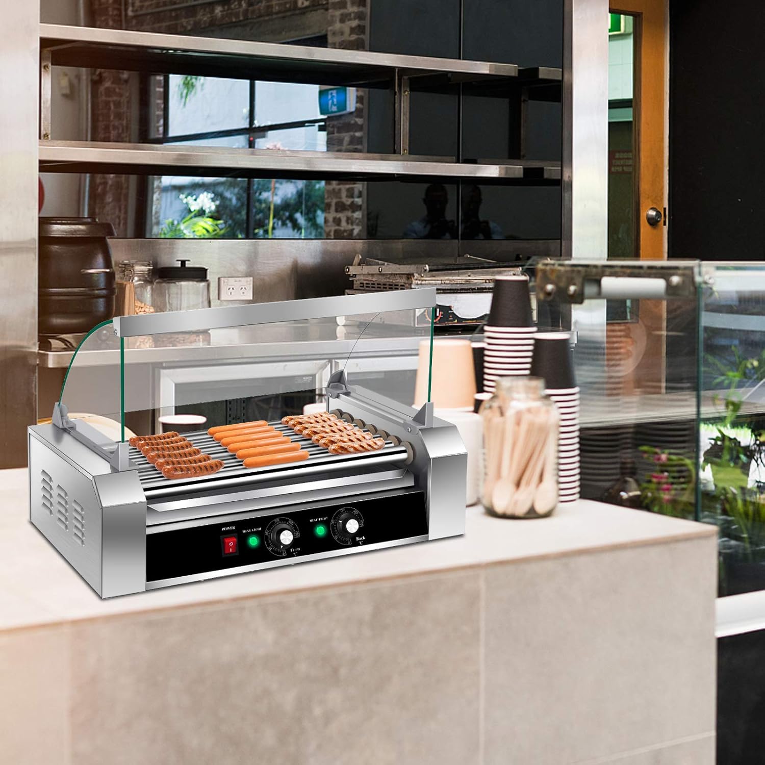 Electric Hot Dog Roller Machine with Glass Hood Cover - Commercial Grade Sausage Grill Cooker for 18 Hot Dogs, Removable Stainless Steel Drip Tray, Non-Stick Surface - Perfect for Household or Business Use