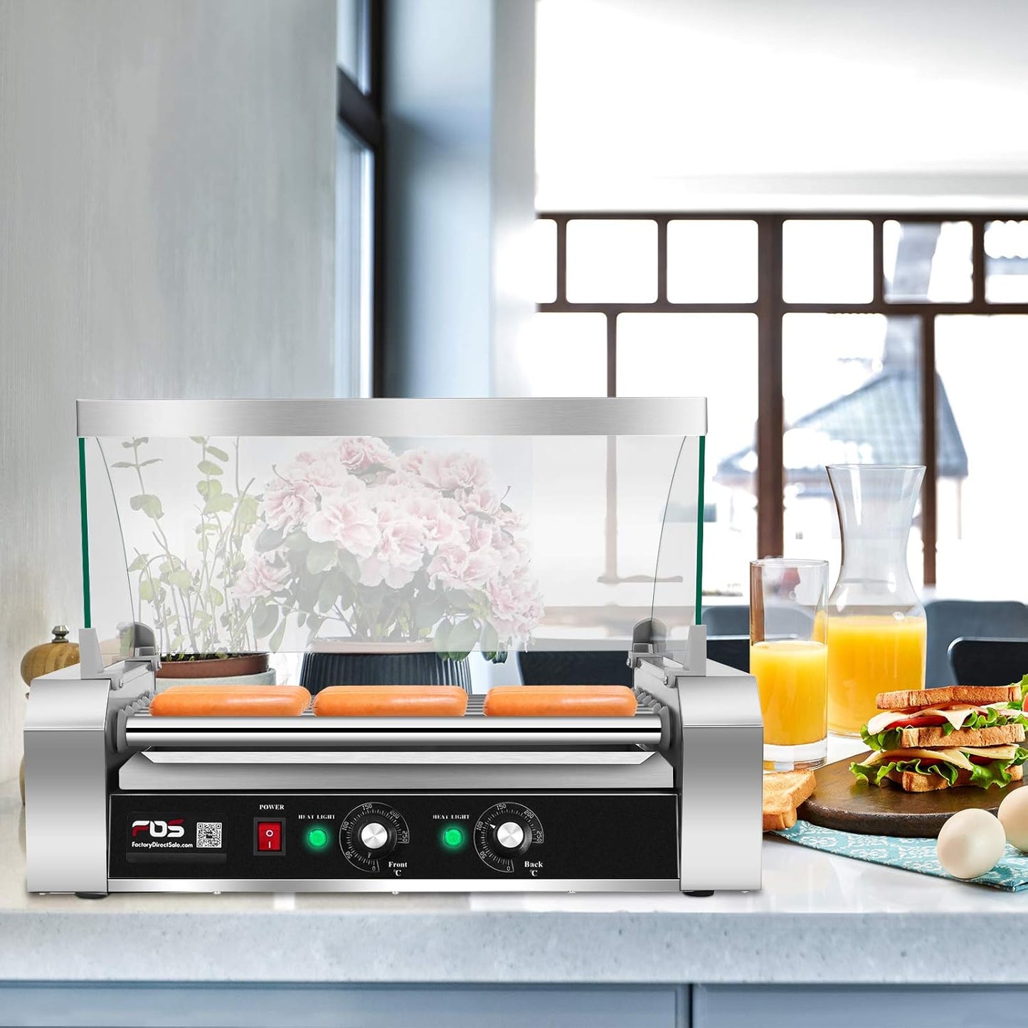 Electric Hot Dog Roller Machine with Glass Hood Cover - Commercial Grade Sausage Grill Cooker for 18 Hot Dogs, Removable Stainless Steel Drip Tray, Non-Stick Surface - Perfect for Household or Business Use