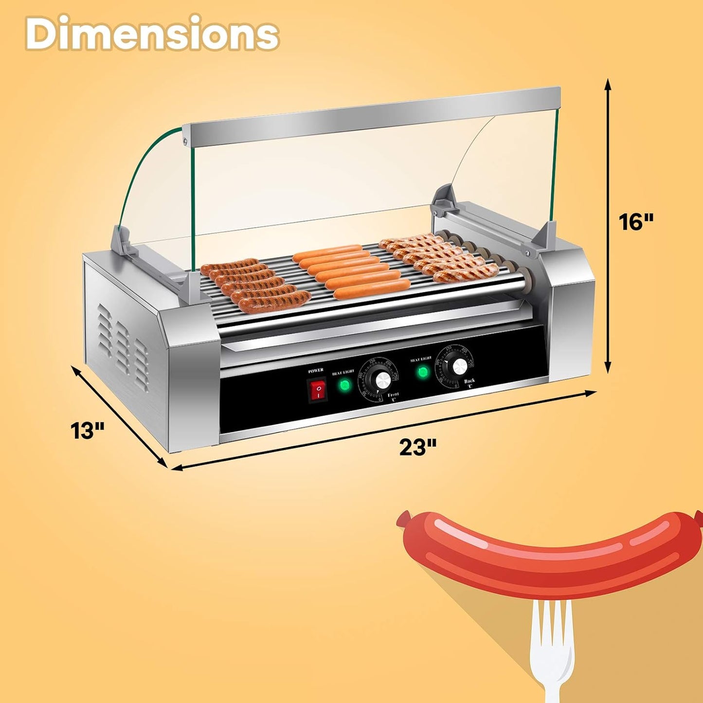 Electric Hot Dog Roller Machine with Glass Hood Cover - Commercial Grade Sausage Grill Cooker for 18 Hot Dogs, Removable Stainless Steel Drip Tray, Non-Stick Surface - Perfect for Household or Business Use