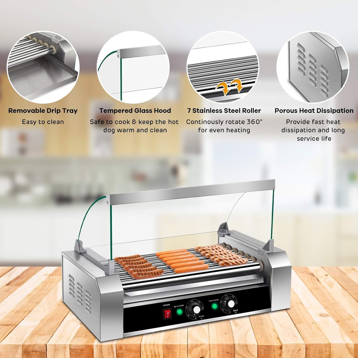 Electric Hot Dog Roller Machine with Glass Hood Cover - Commercial Grade Sausage Grill Cooker for 18 Hot Dogs, Removable Stainless Steel Drip Tray, Non-Stick Surface - Perfect for Household or Business Use