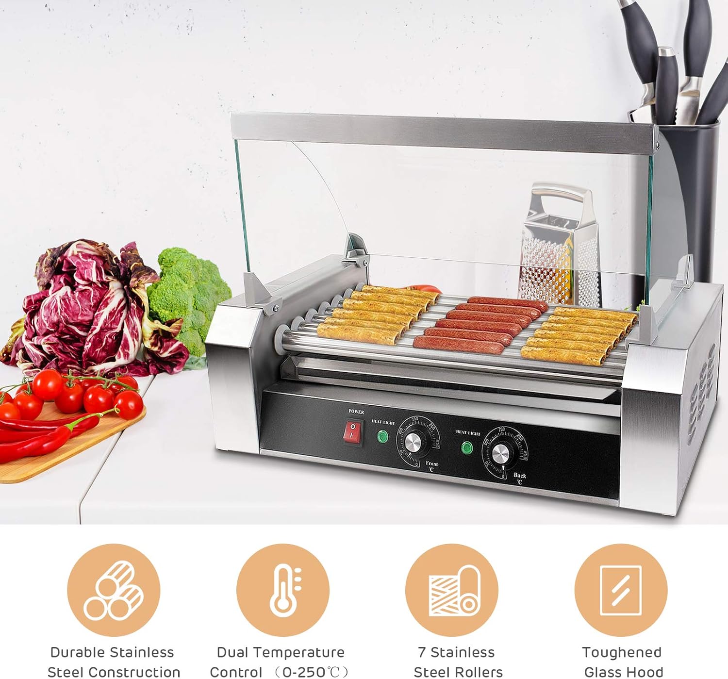 Electric Hot Dog Roller Machine with Glass Hood Cover - Commercial Grade Sausage Grill Cooker for 18 Hot Dogs, Removable Stainless Steel Drip Tray, Non-Stick Surface - Perfect for Household or Business Use